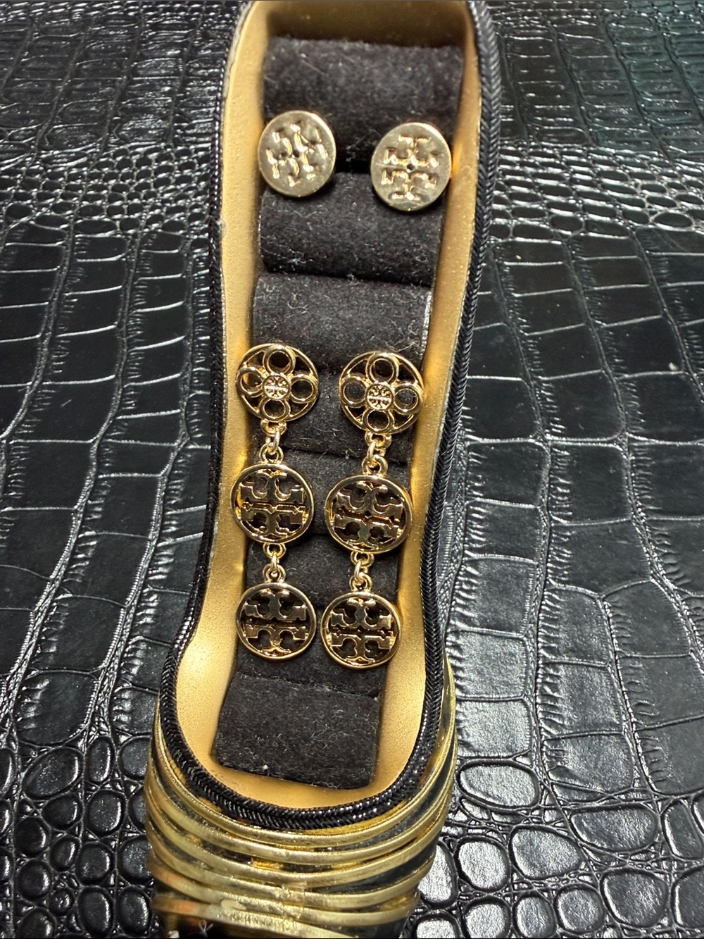 Tory Burch Gold-Tone Triple Logo Drop Earrings